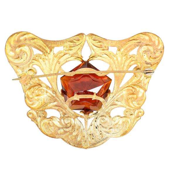 Antique Art Nouveau Gold Wash Brooch with Large Amber Glass Stone - Picture 4 of 9